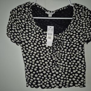 Topshop Black and White Puff Sleeve Crop Blouse